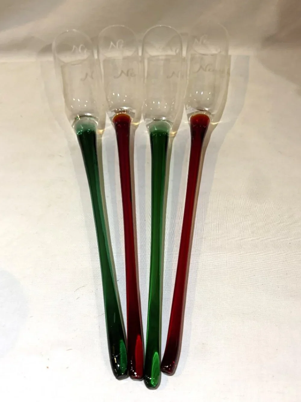 Set Of 4 Hand Blown Glass Footless Long Stem Champagne Flutes Nice and Naughty